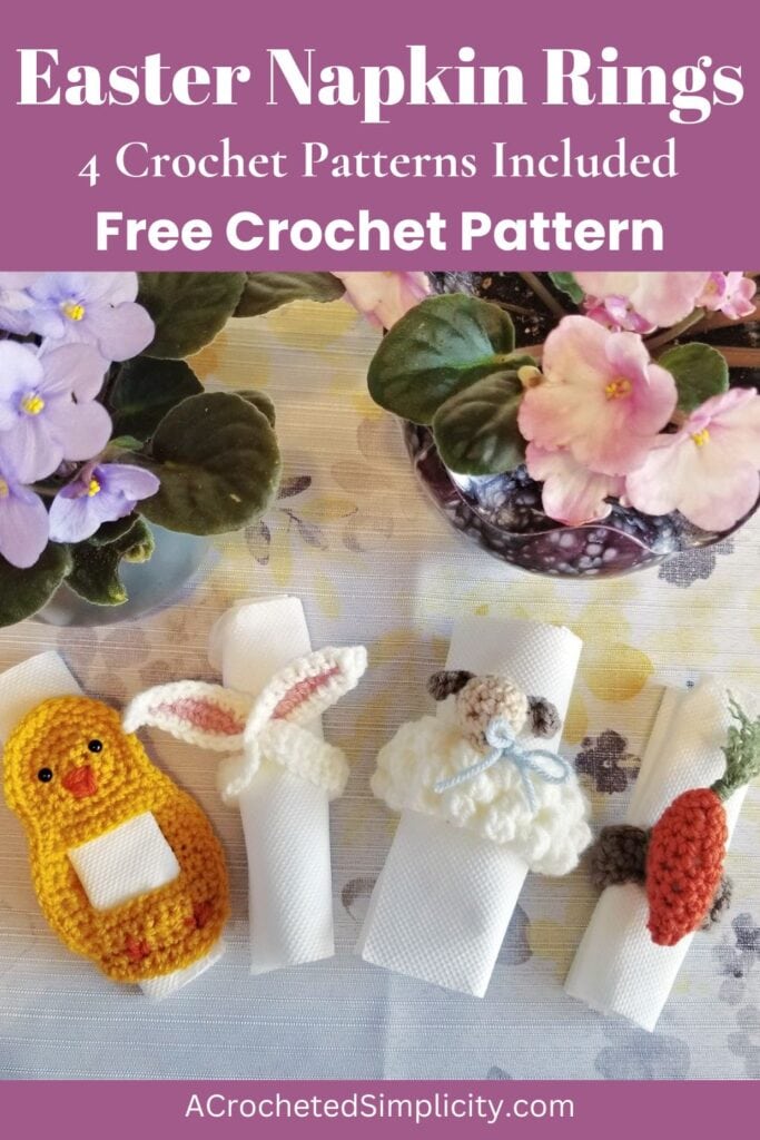 Four crochet napkin rings for Easter laying on a tablecloth near potted plants.